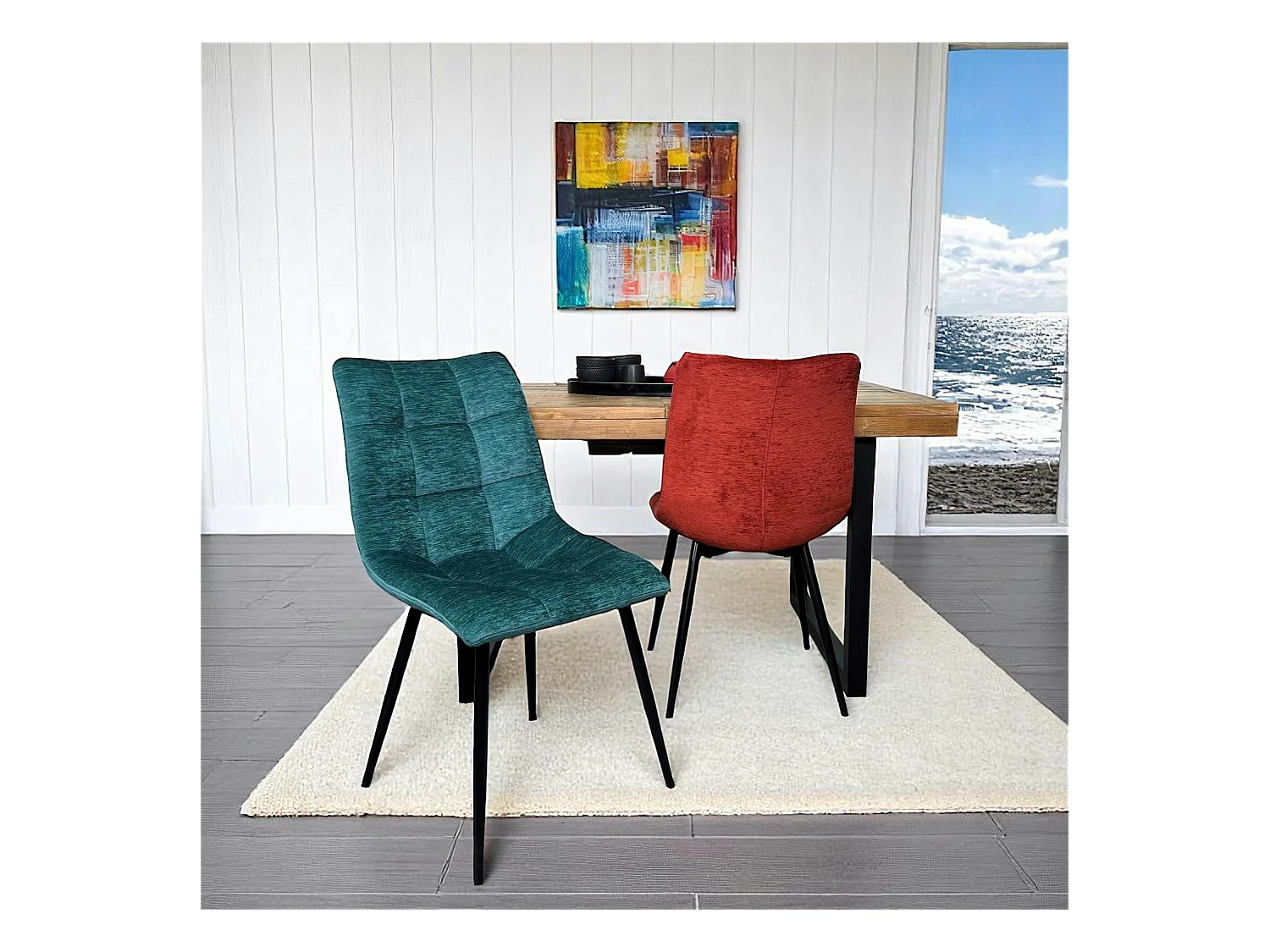 Chaise en velours lagon motif damier (lot de 2) PALERME