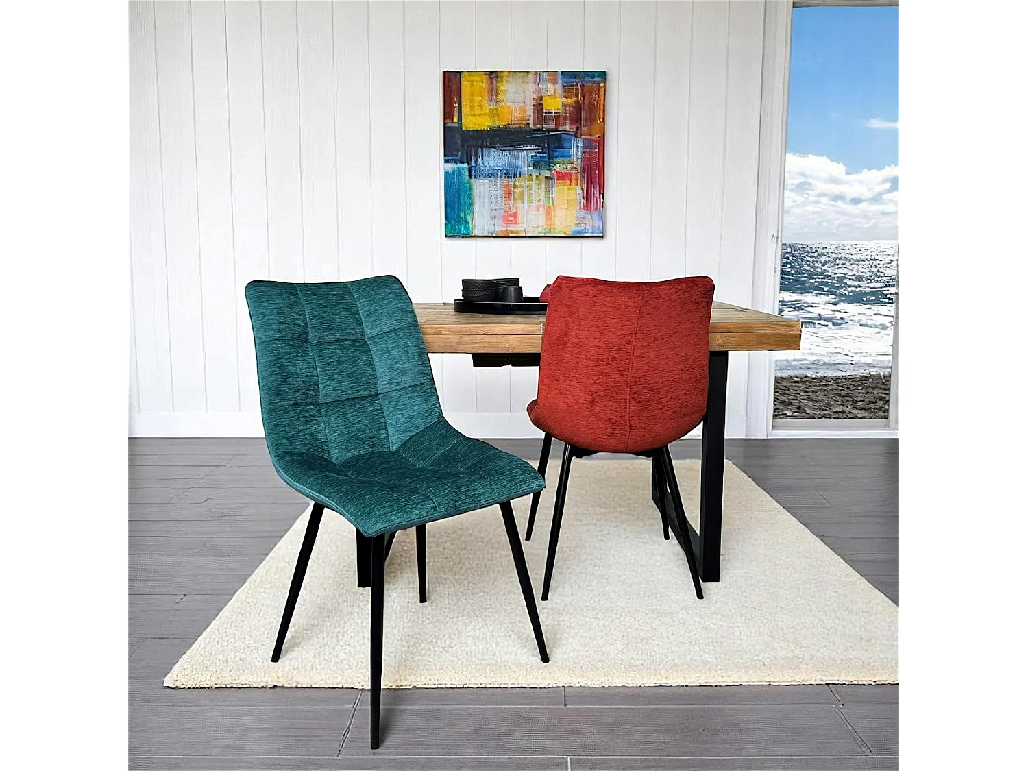 Chaise en velours lagon motif damier (lot de 2) PALERME