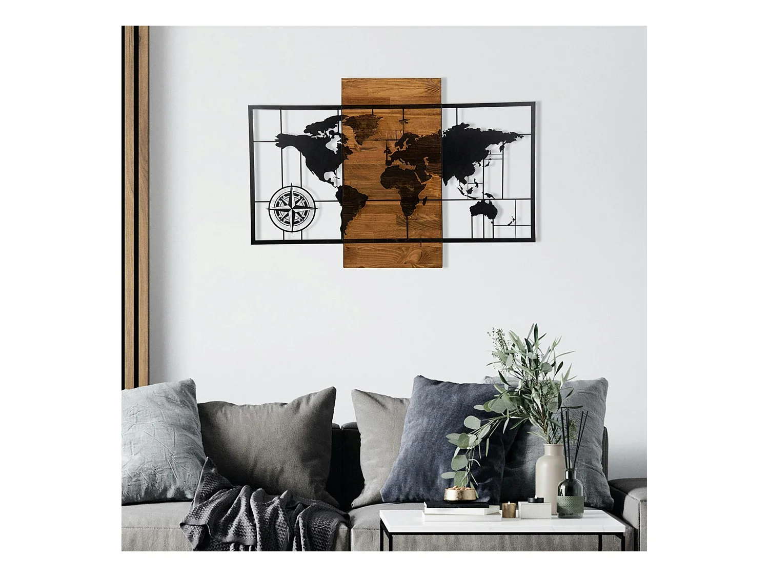 Décoration murale en métal et bois – planisphère