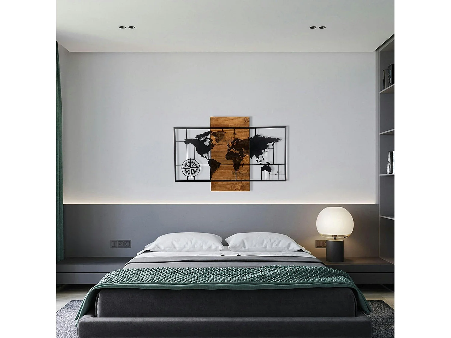 Décoration murale en métal et bois – planisphère