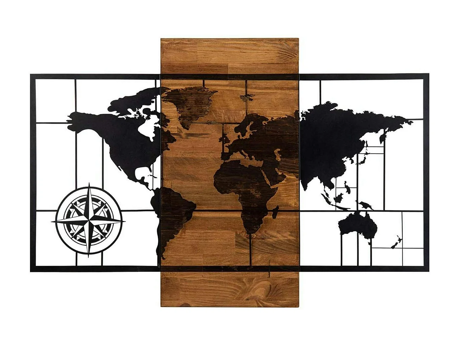 Décoration murale en métal et bois – planisphère