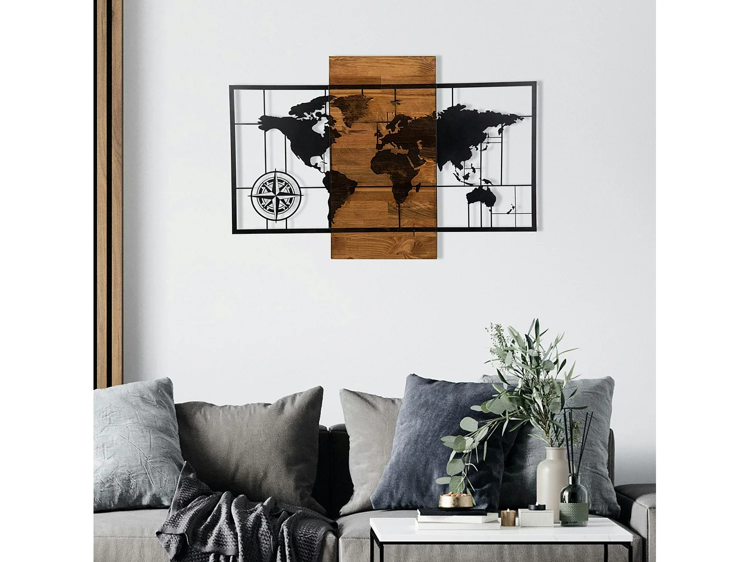 Décoration murale en métal et bois – planisphère