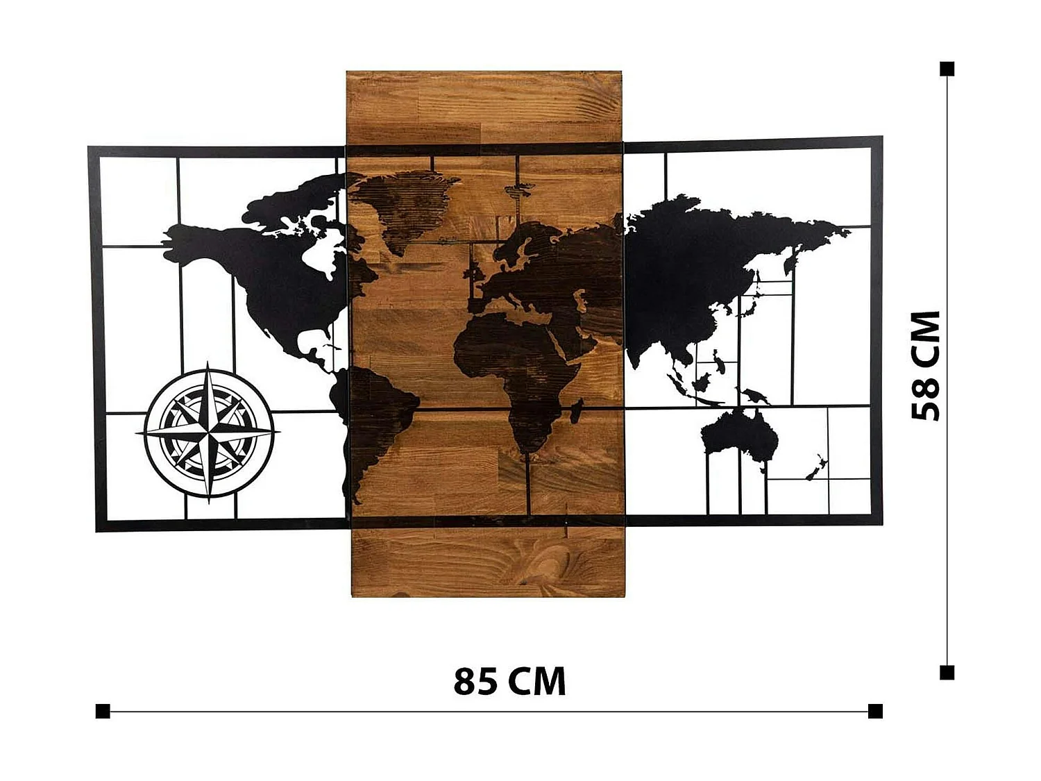 Décoration murale en métal et bois – planisphère