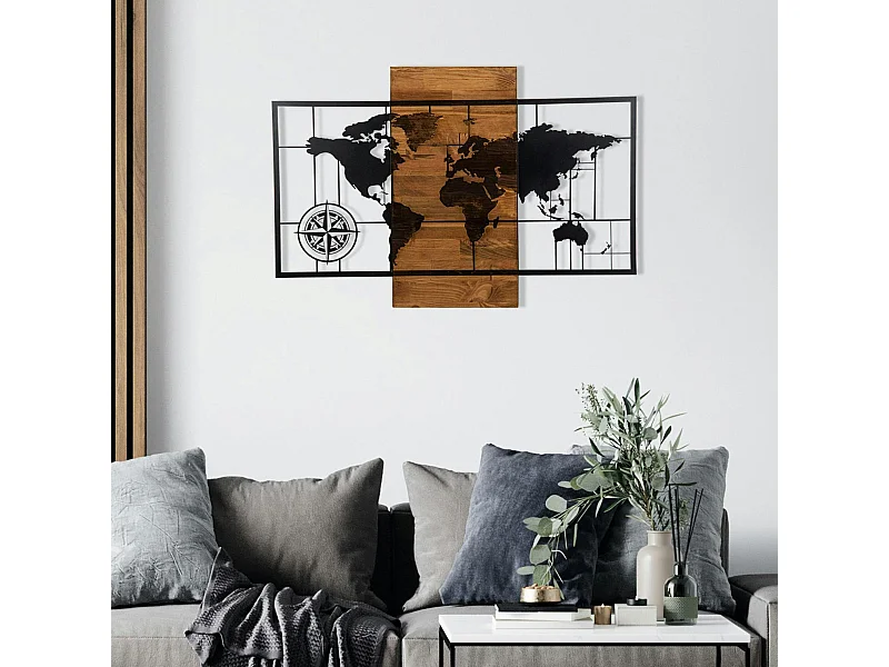 Décoration murale en métal et bois – planisphère