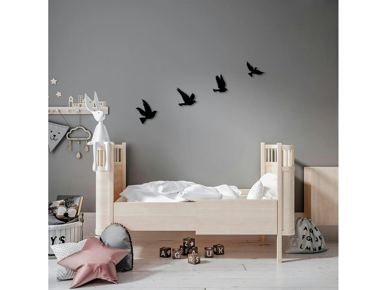 Décoration murale en métal noir – oiseaux en vol (lot de 4)
