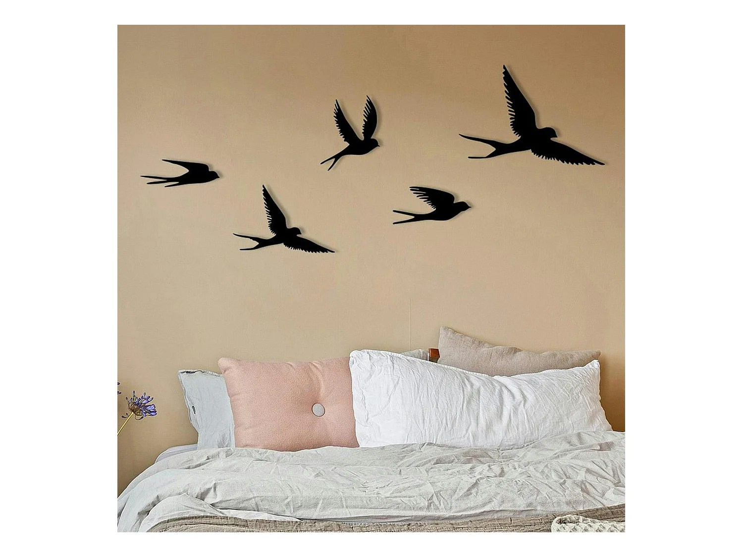 Décoration murale métal noir – envolée d'oiseaux (lot de 5)