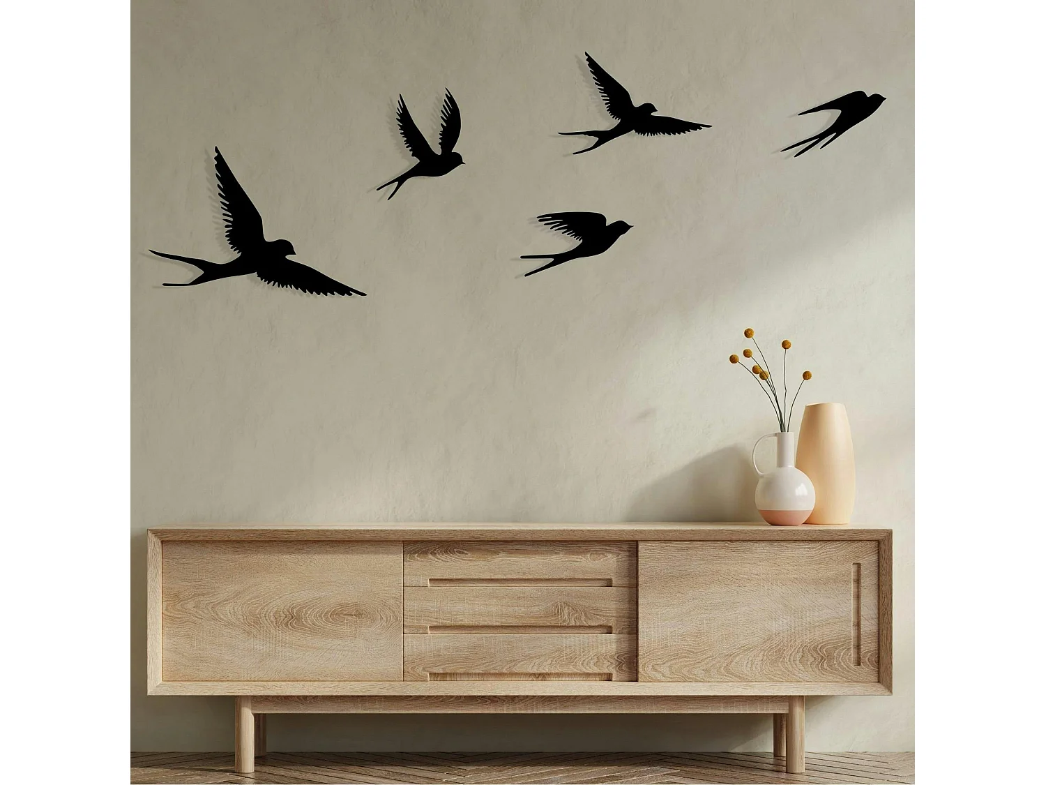 Décoration murale métal noir – envolée d'oiseaux (lot de 5)