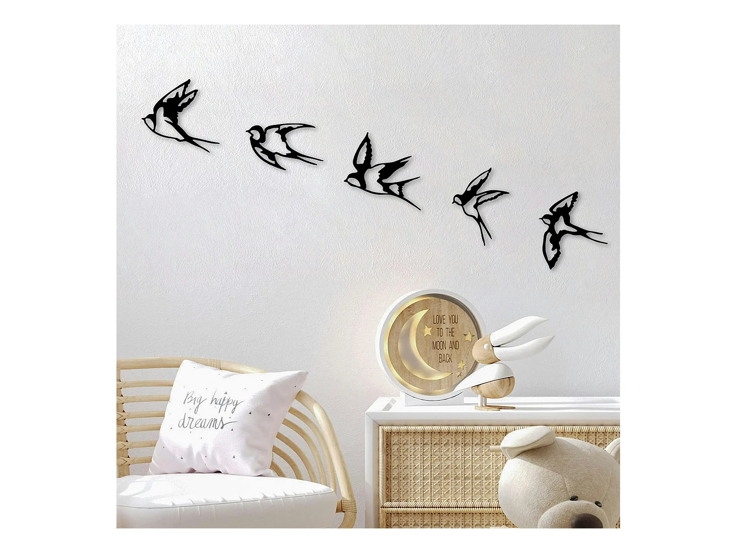 Décoration murale en métal noir – hirondelles (lot de 5)