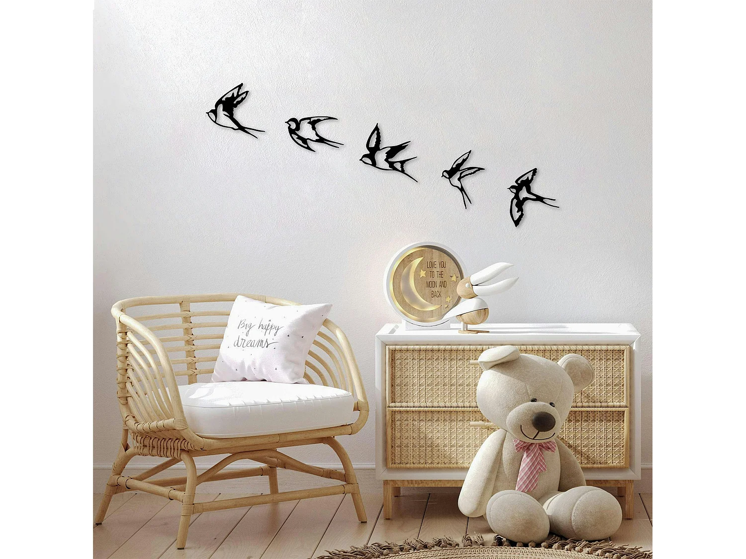 Décoration murale en métal noir – hirondelles (lot de 5)