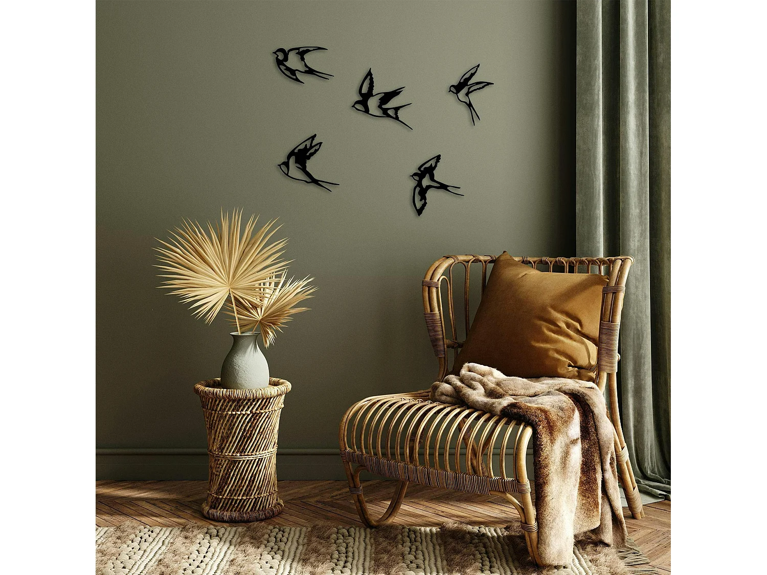 Décoration murale en métal noir – hirondelles (lot de 5)