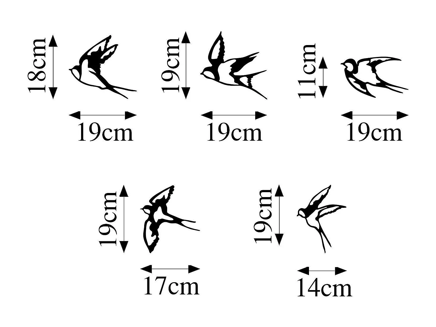 Décoration murale en métal noir – hirondelles (lot de 5)