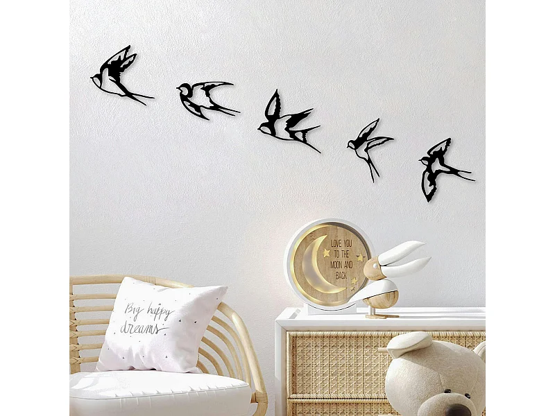 Décoration murale en métal noir – hirondelles (lot de 5)