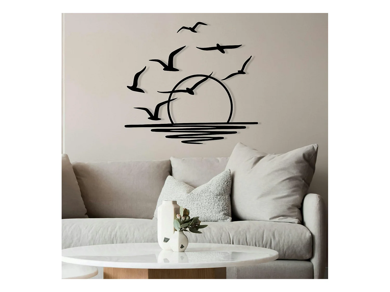 Décoration murale métal noir – coucher de soleil et oiseaux