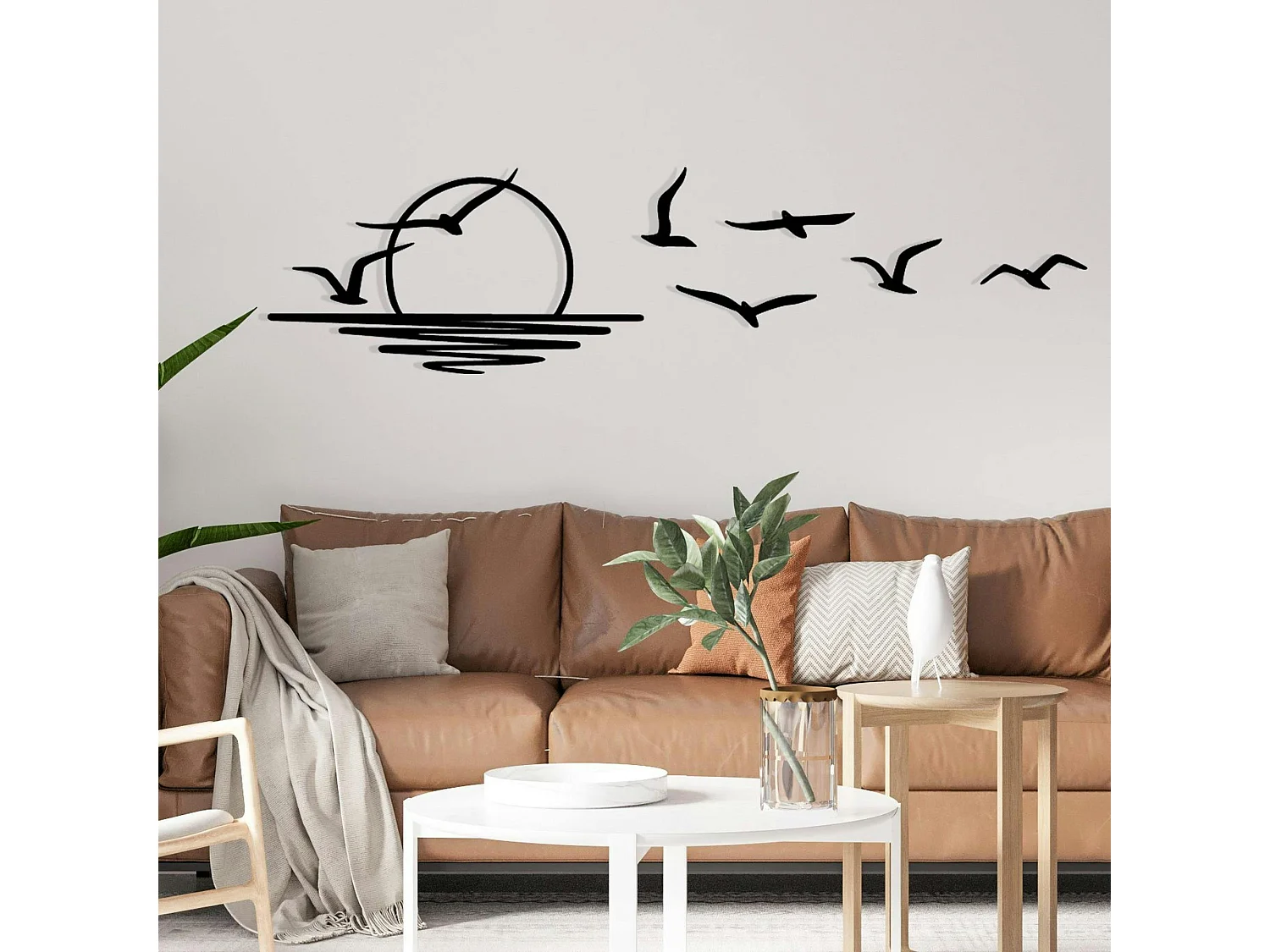 Décoration murale métal noir – coucher de soleil et oiseaux