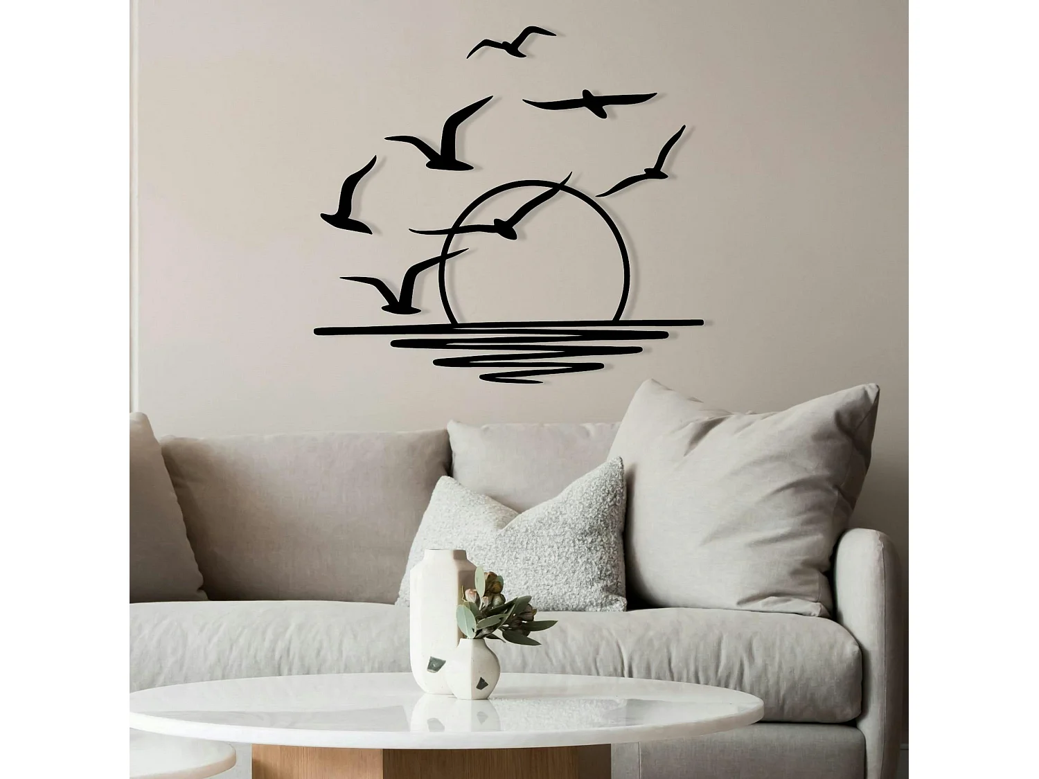 Décoration murale métal noir – coucher de soleil et oiseaux