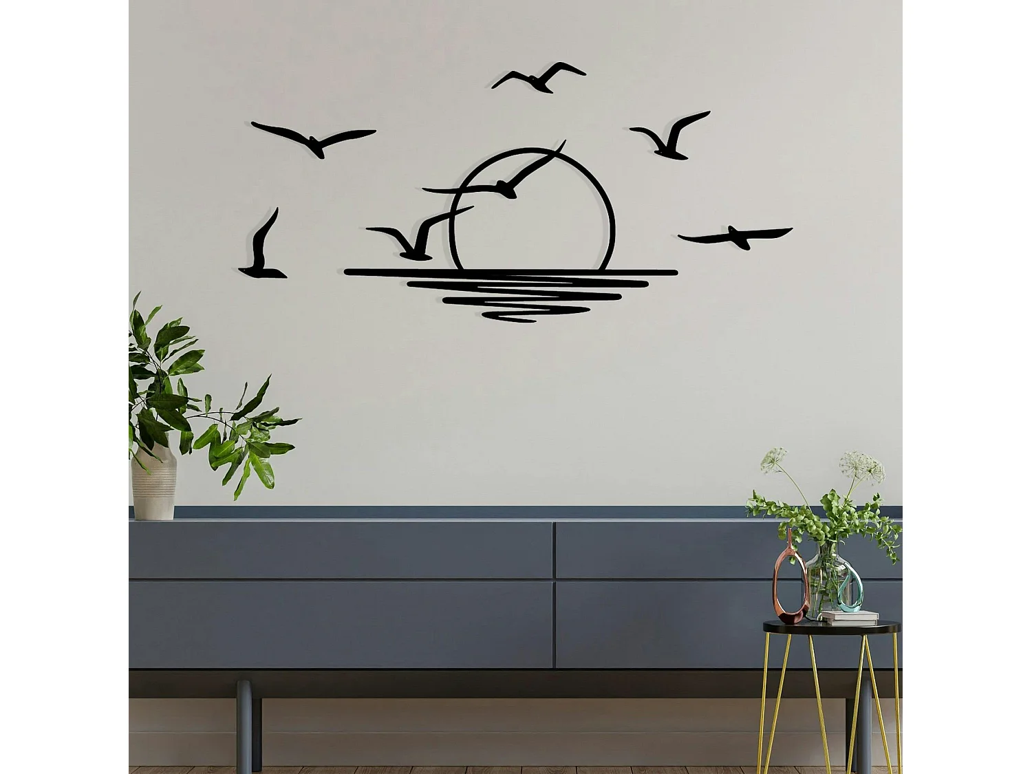 Décoration murale métal noir – coucher de soleil et oiseaux
