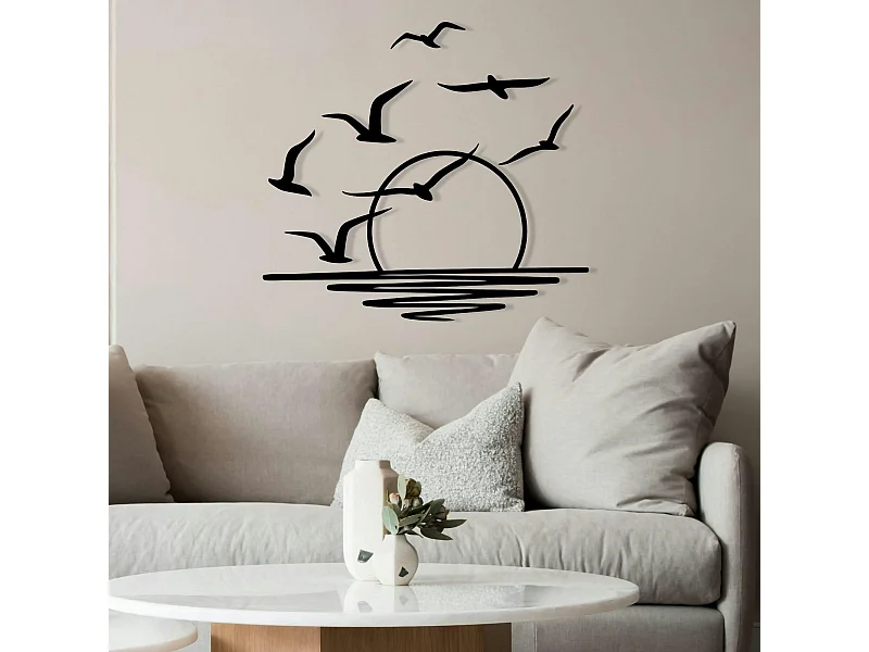 Décoration murale métal noir – coucher de soleil et oiseaux