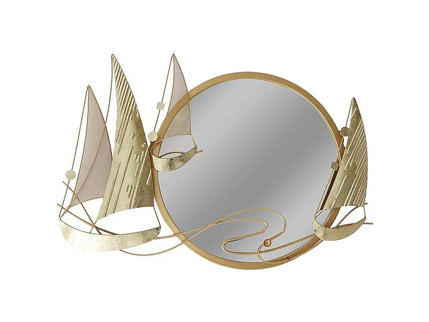 Décoration murale en métal avec miroir rond et bateaux dorés