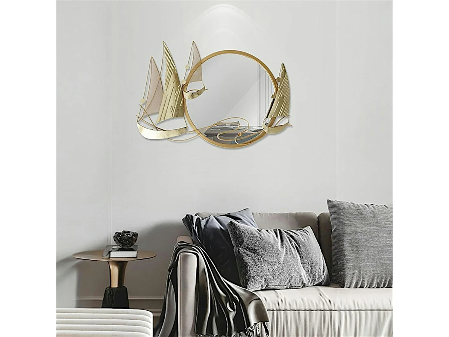 Décoration murale en métal avec miroir rond et bateaux dorés