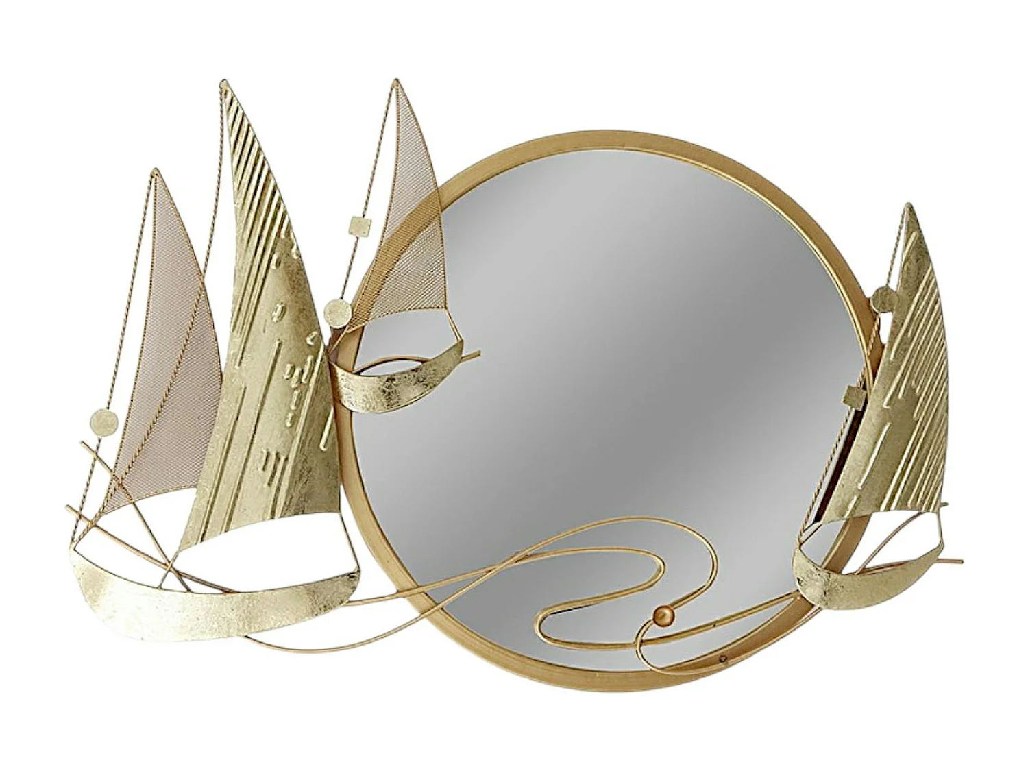 Décoration murale en métal avec miroir rond et bateaux dorés
