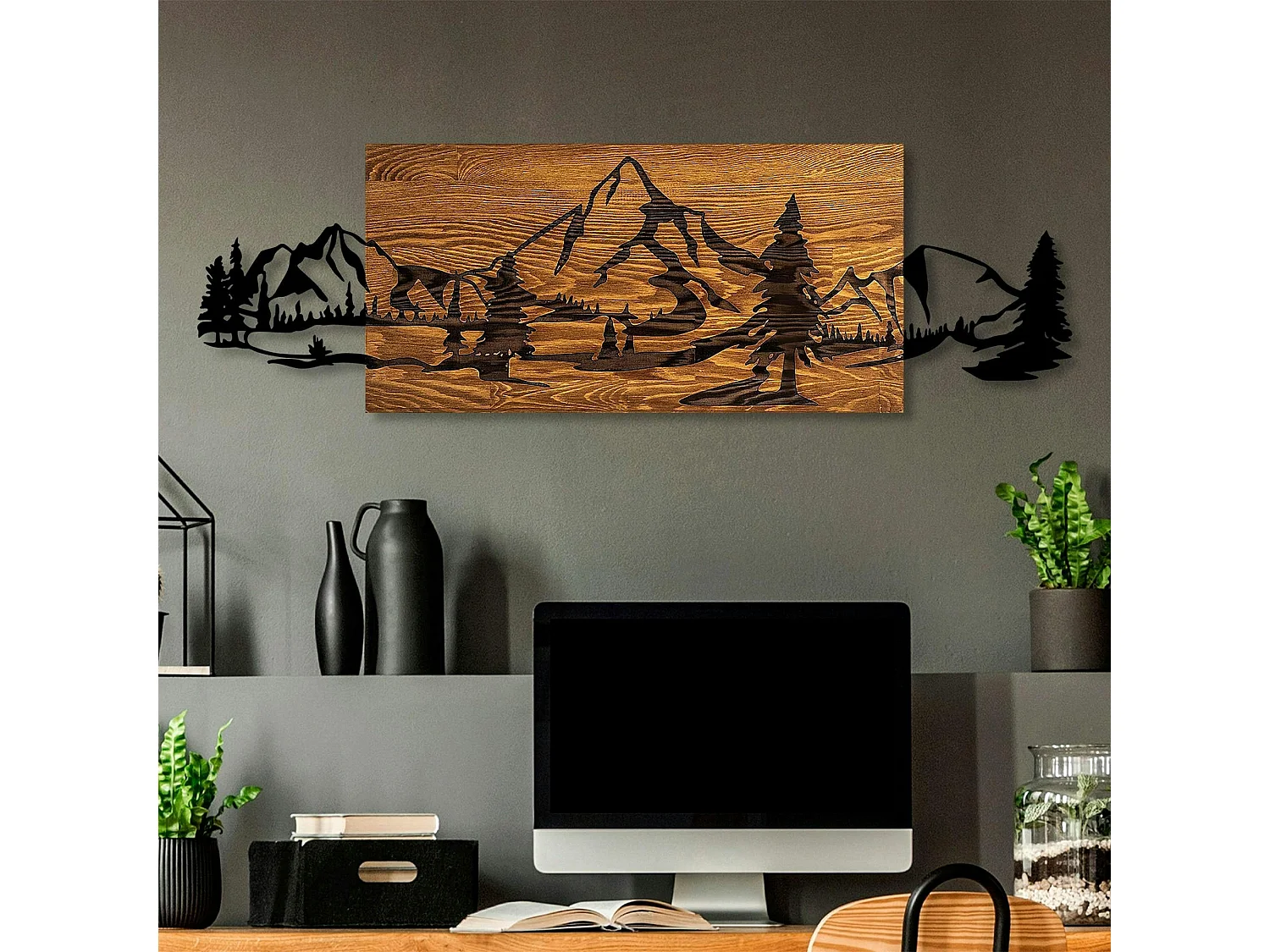 Décoration murale en métal et bois – paysage de montagne