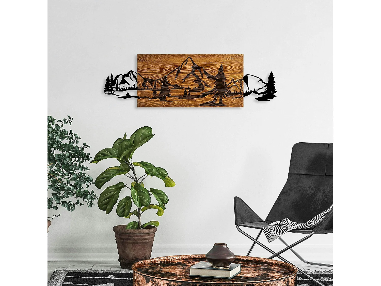 Décoration murale en métal et bois – paysage de montagne