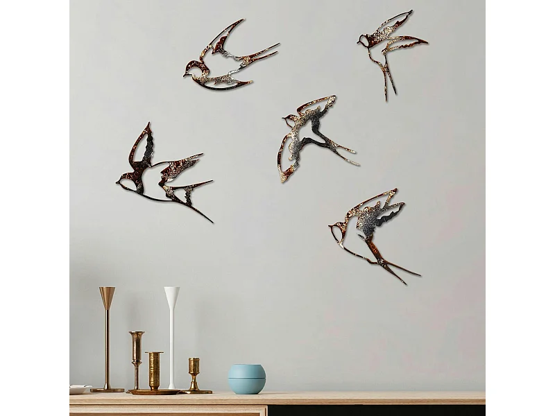 Décoration murale oiseaux en métal mordoré (lot de 5)