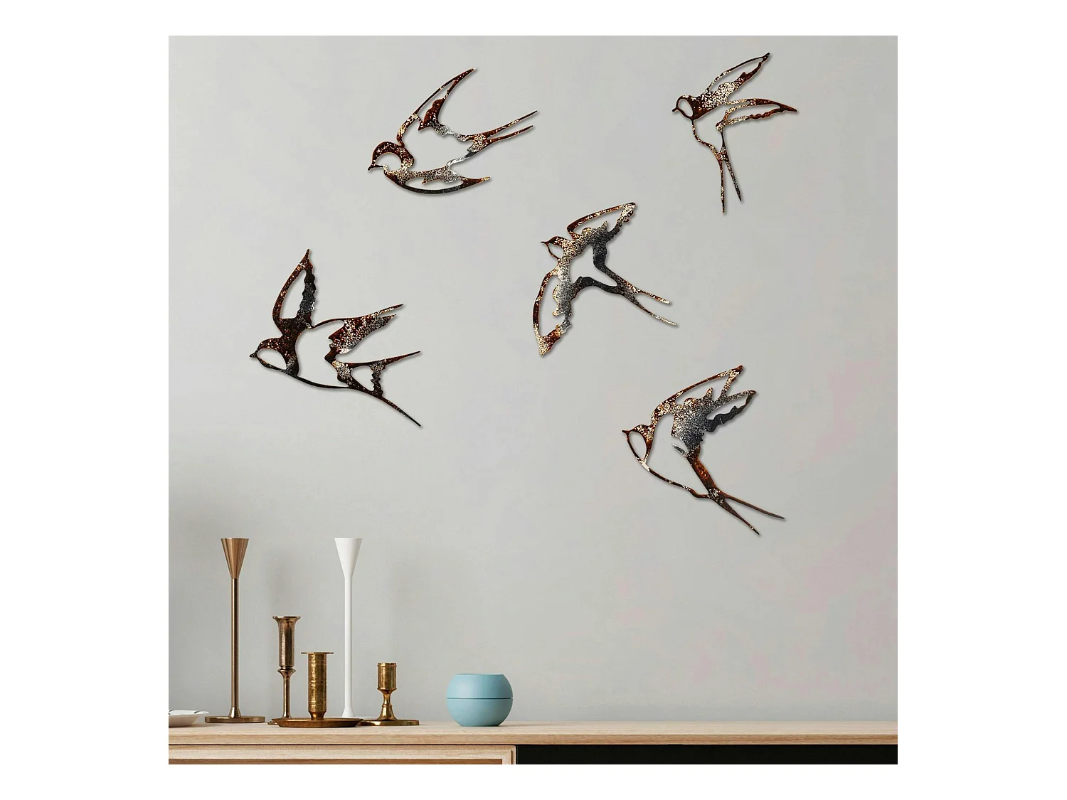 Décoration murale oiseaux en métal mordoré (lot de 5)