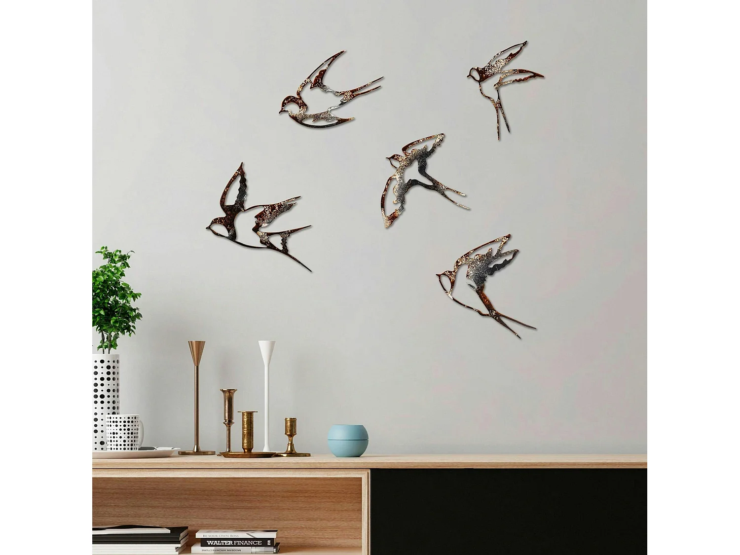 Décoration murale oiseaux en métal mordoré (lot de 5)