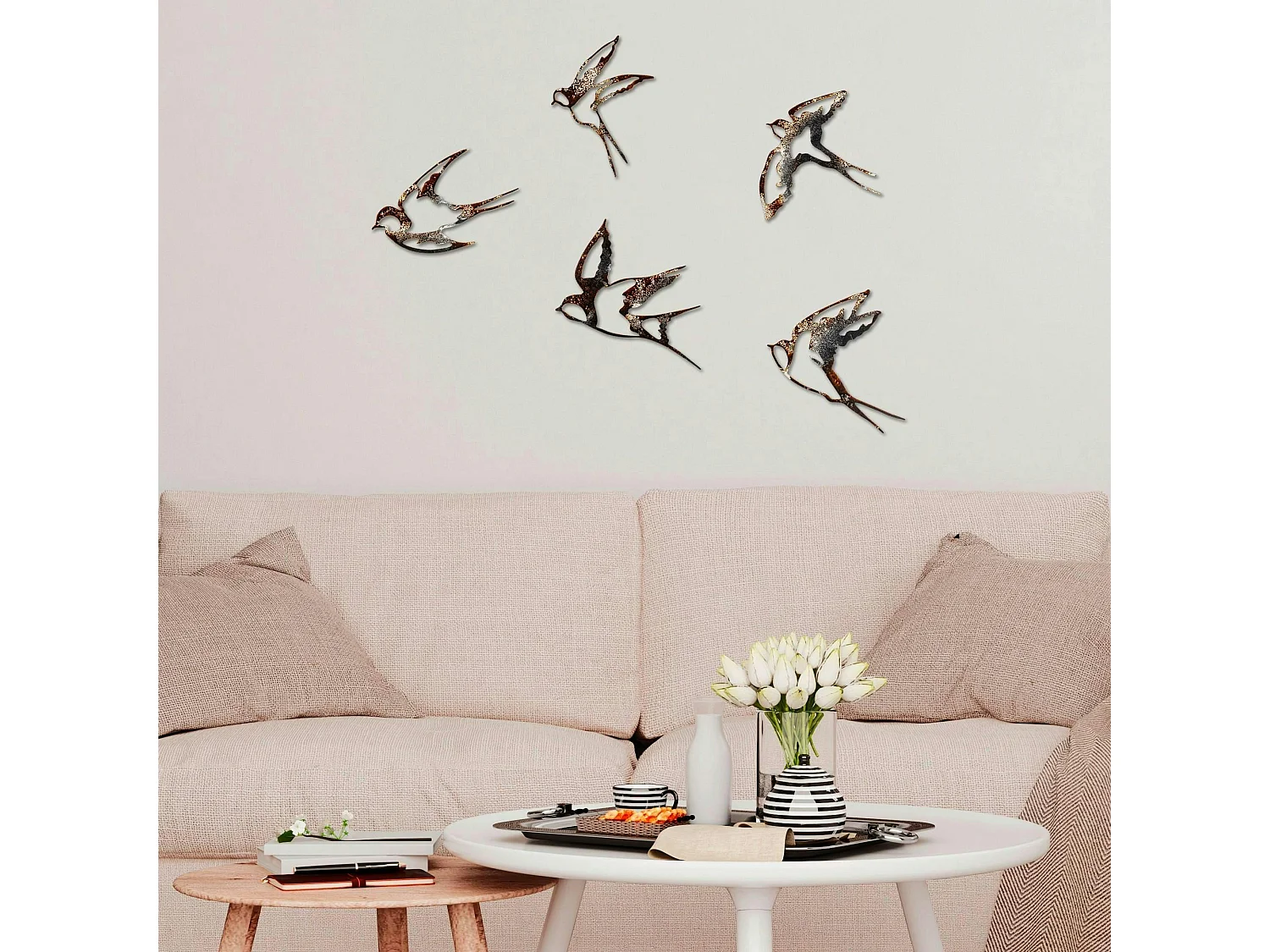 Décoration murale oiseaux en métal mordoré (lot de 5)