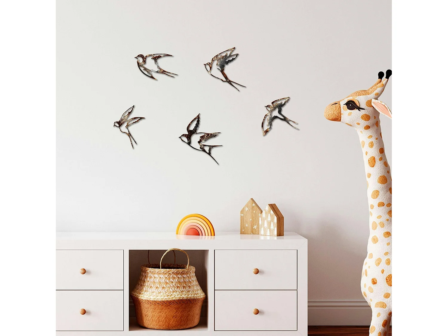 Décoration murale oiseaux en métal mordoré (lot de 5)