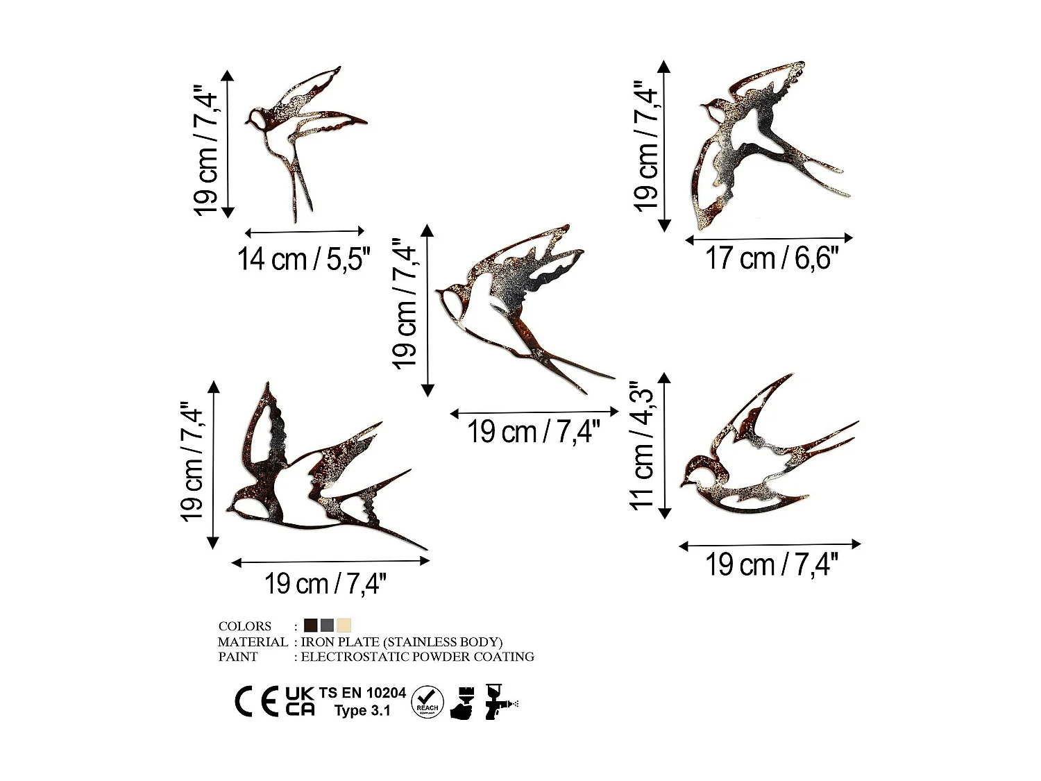 Décoration murale oiseaux en métal mordoré (lot de 5)