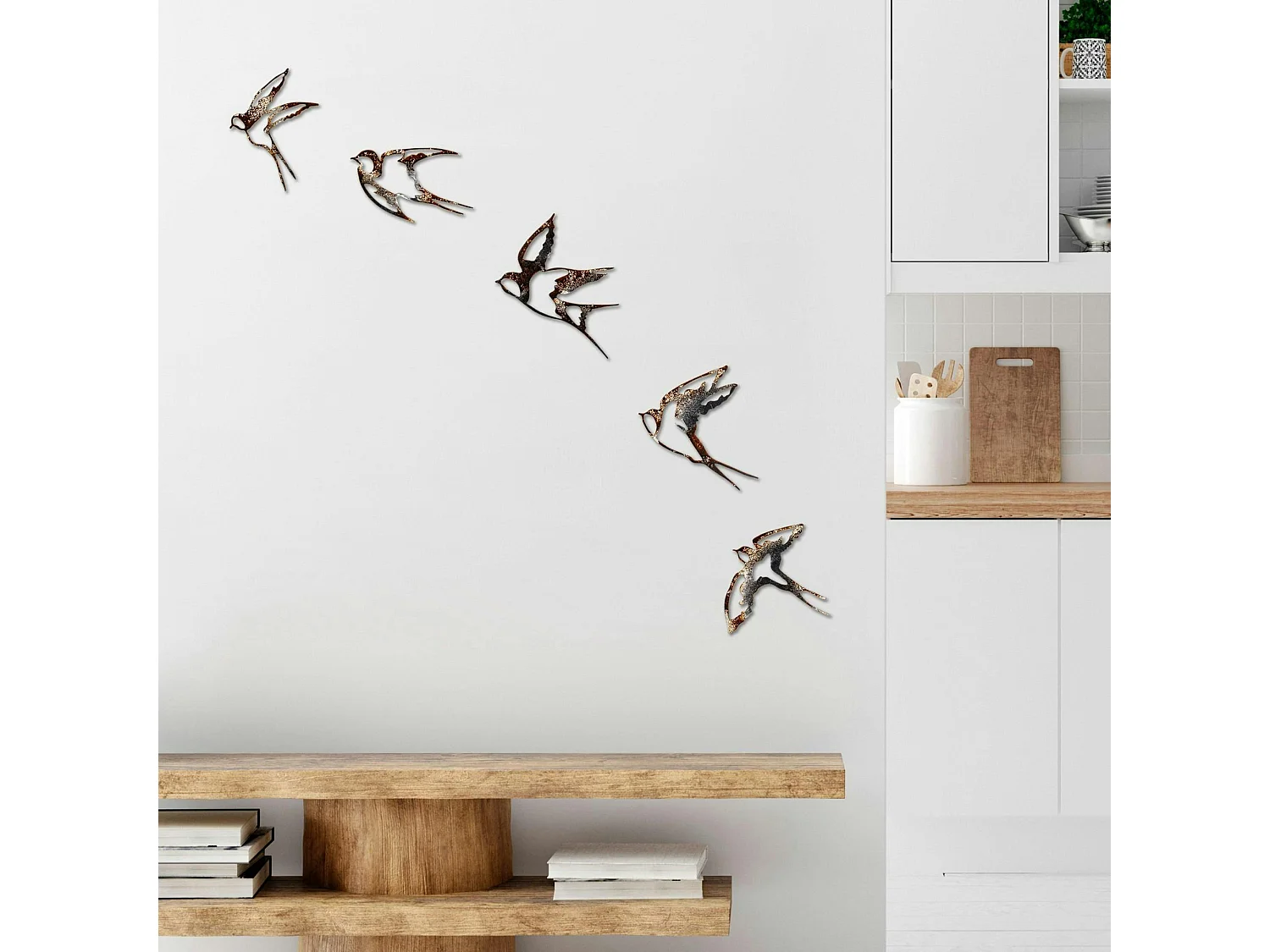 Décoration murale oiseaux en métal mordoré (lot de 5)