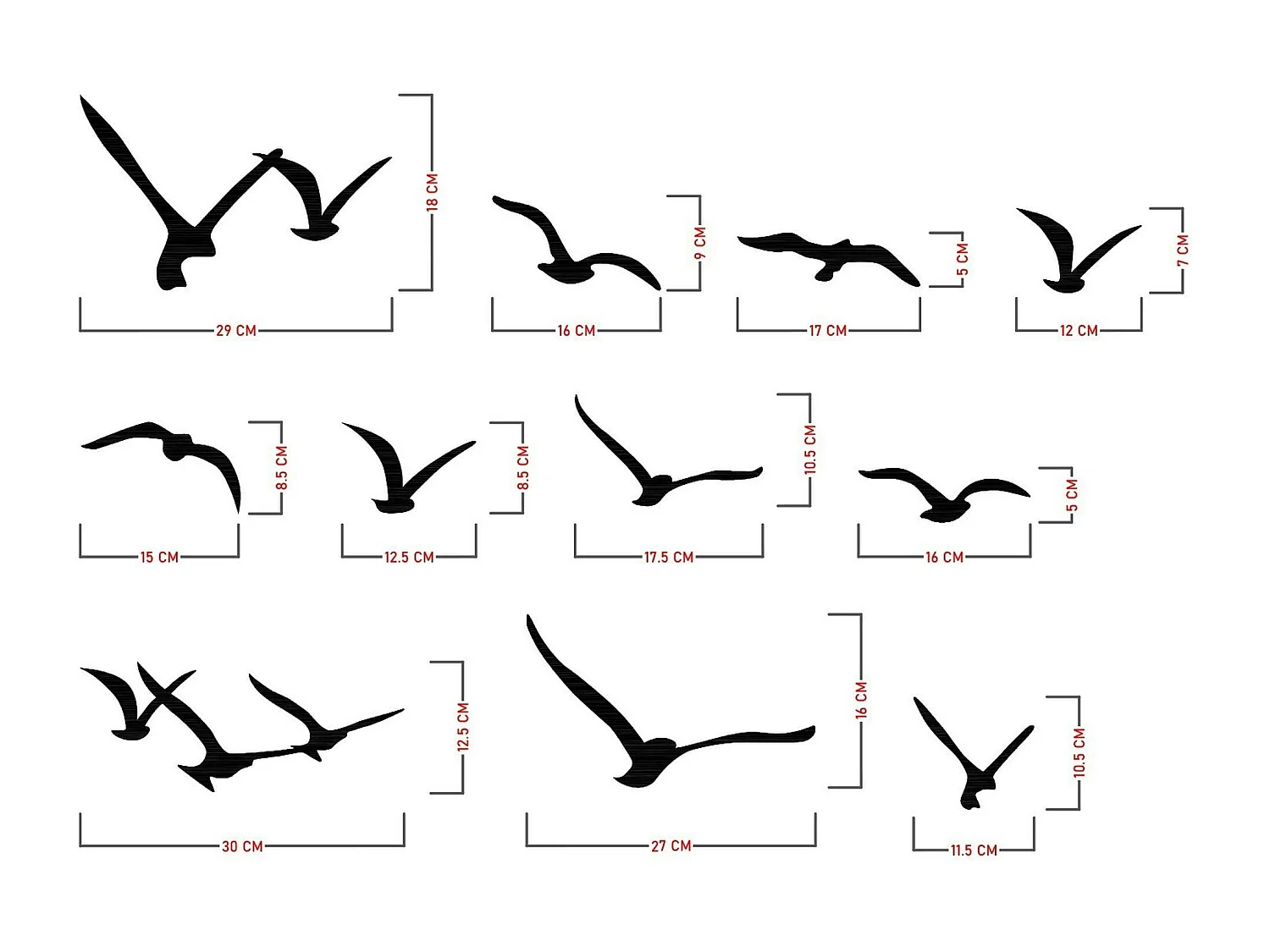 Décoration murale nature – oiseaux métal noir (lot de 11)