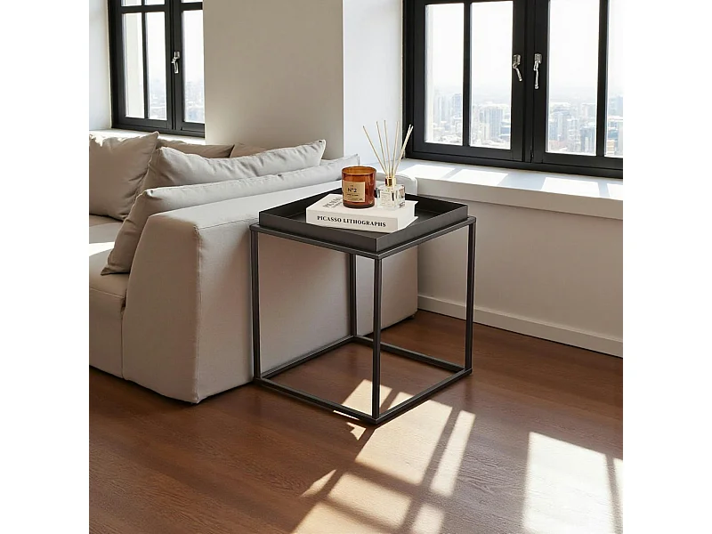 Bout de canapé cube noir – plateau mobile, style design SFAX