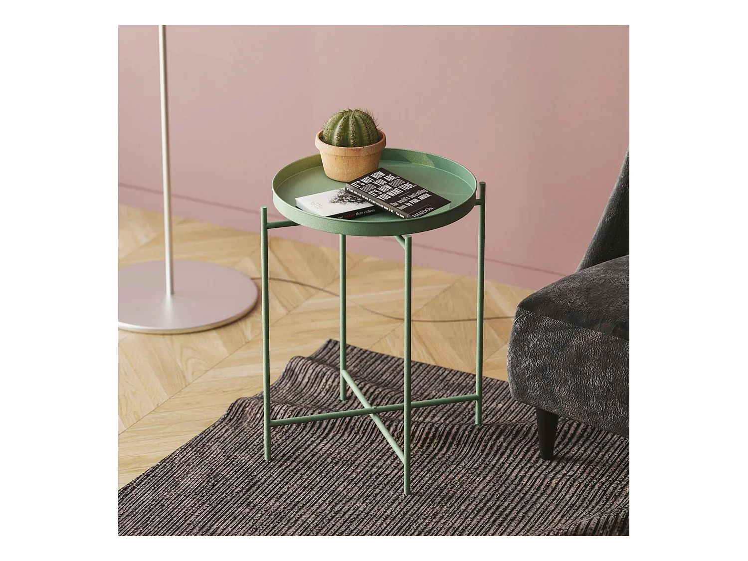 Petite table d'appoint verte - structure ronde, métal SFAX