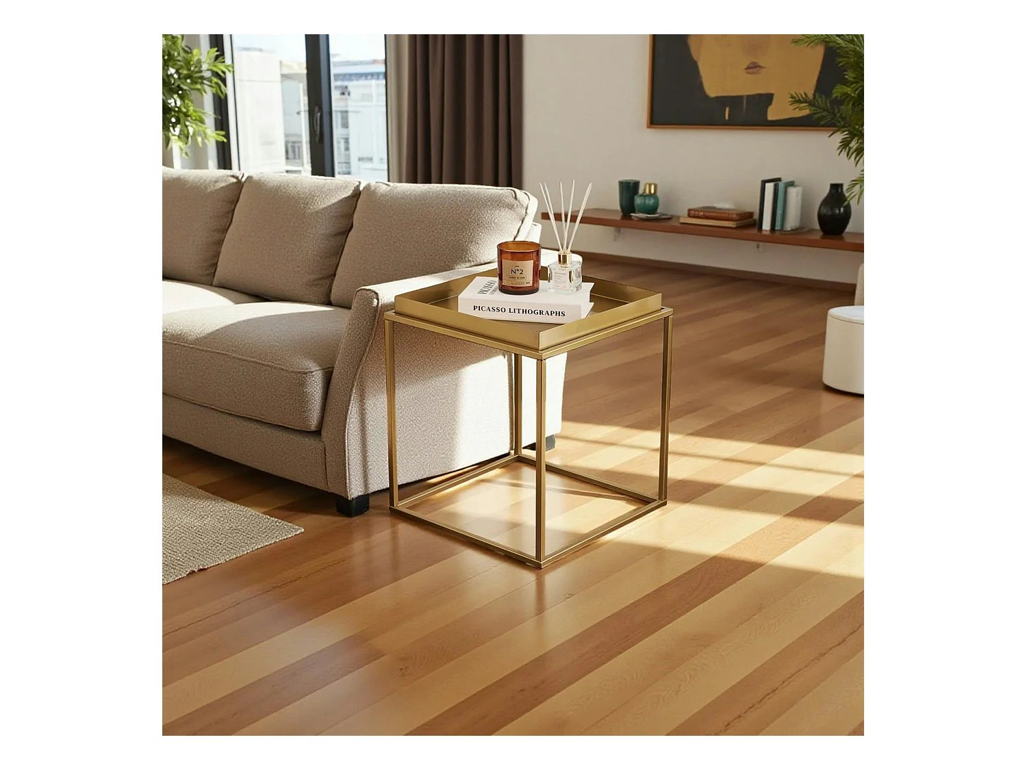 Bout de canapé cube doré – plateau mobile, style design SFAX
