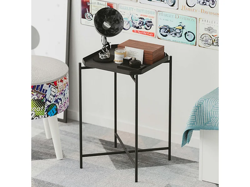 Petite table d’appoint noire carrée, pieds croisés SFAX