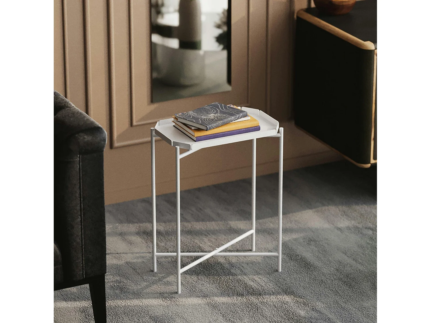 Petite table d’appoint blanche, plateau rectangulaire SFAX