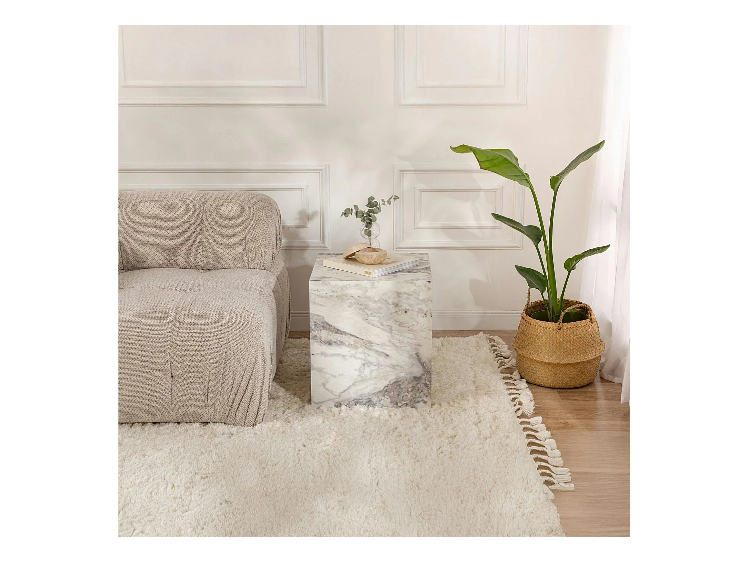 Bout de canapé cube effet marbre blanc - style design MARFA