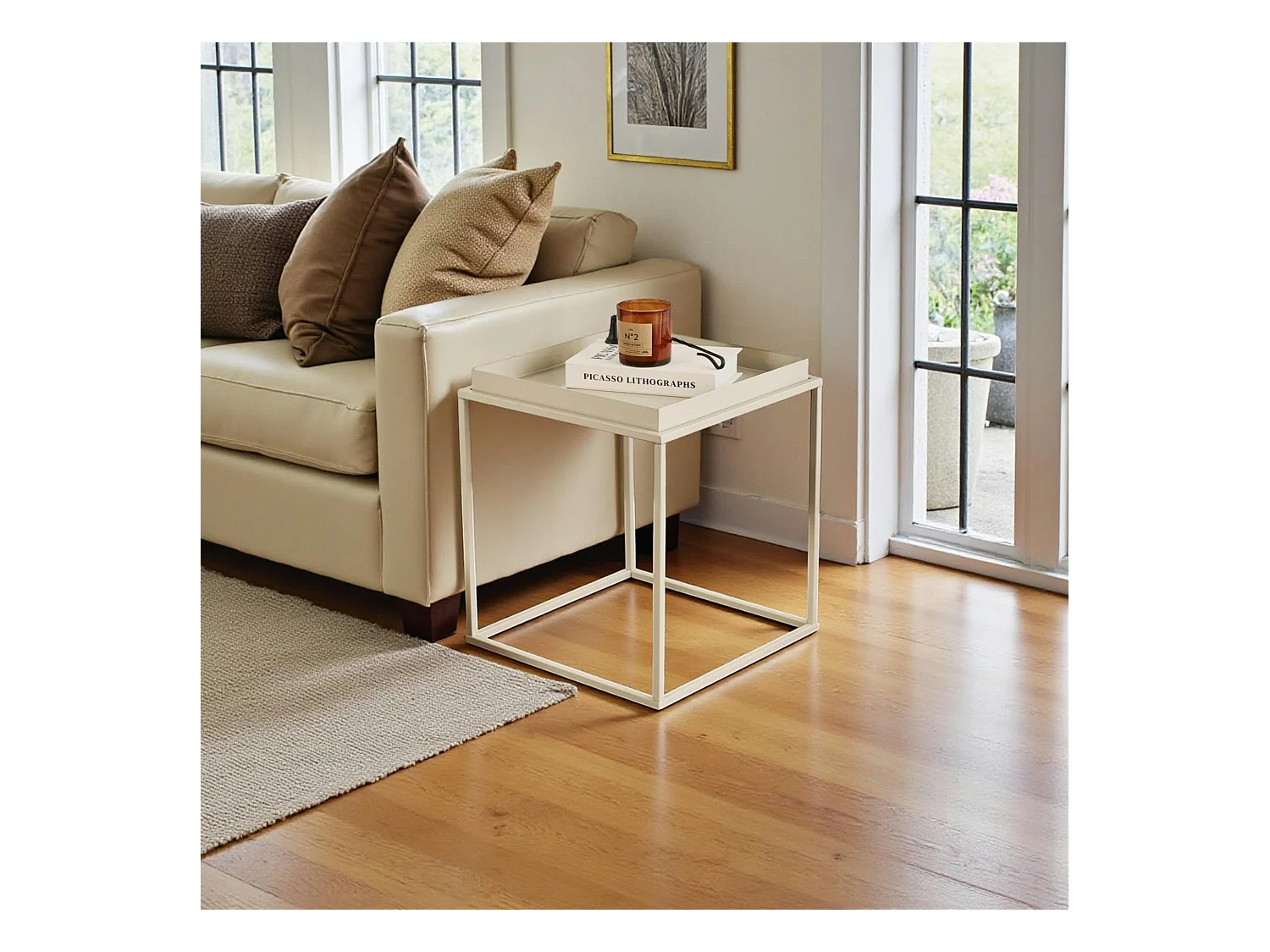 Bout de canapé cube blanc cassé – plateau mobile SFAX