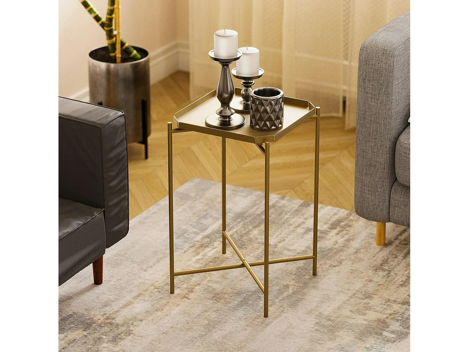 Petite table d’appoint dorée carrée, pieds croisés SFAX