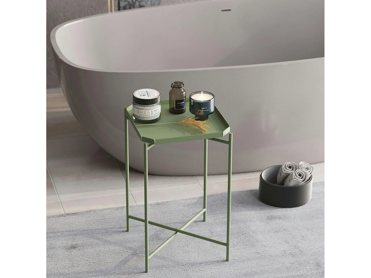 Petite table d’appoint verte carrée, pieds croisés SFAX