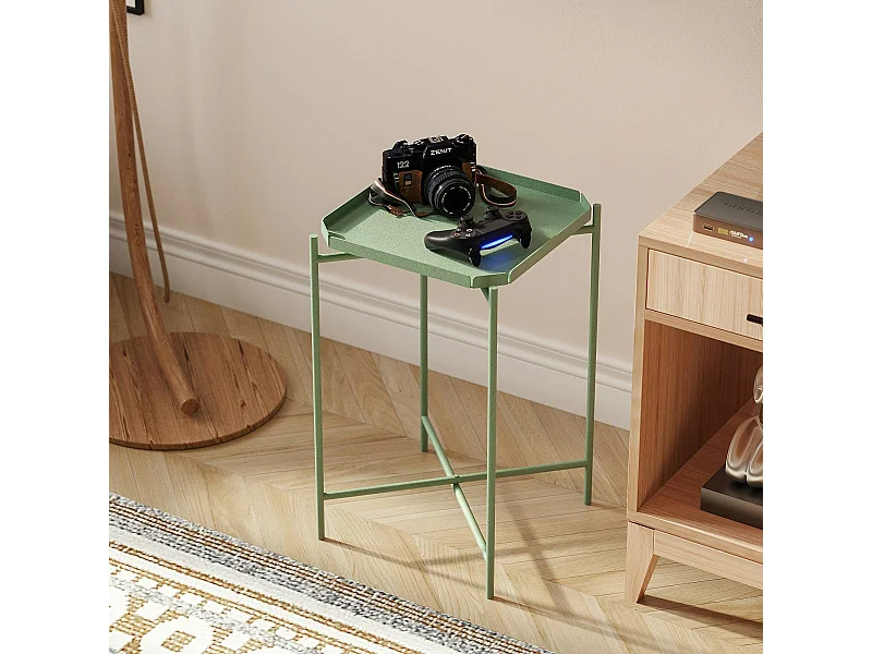 Petite table d’appoint verte carrée, pieds croisés SFAX