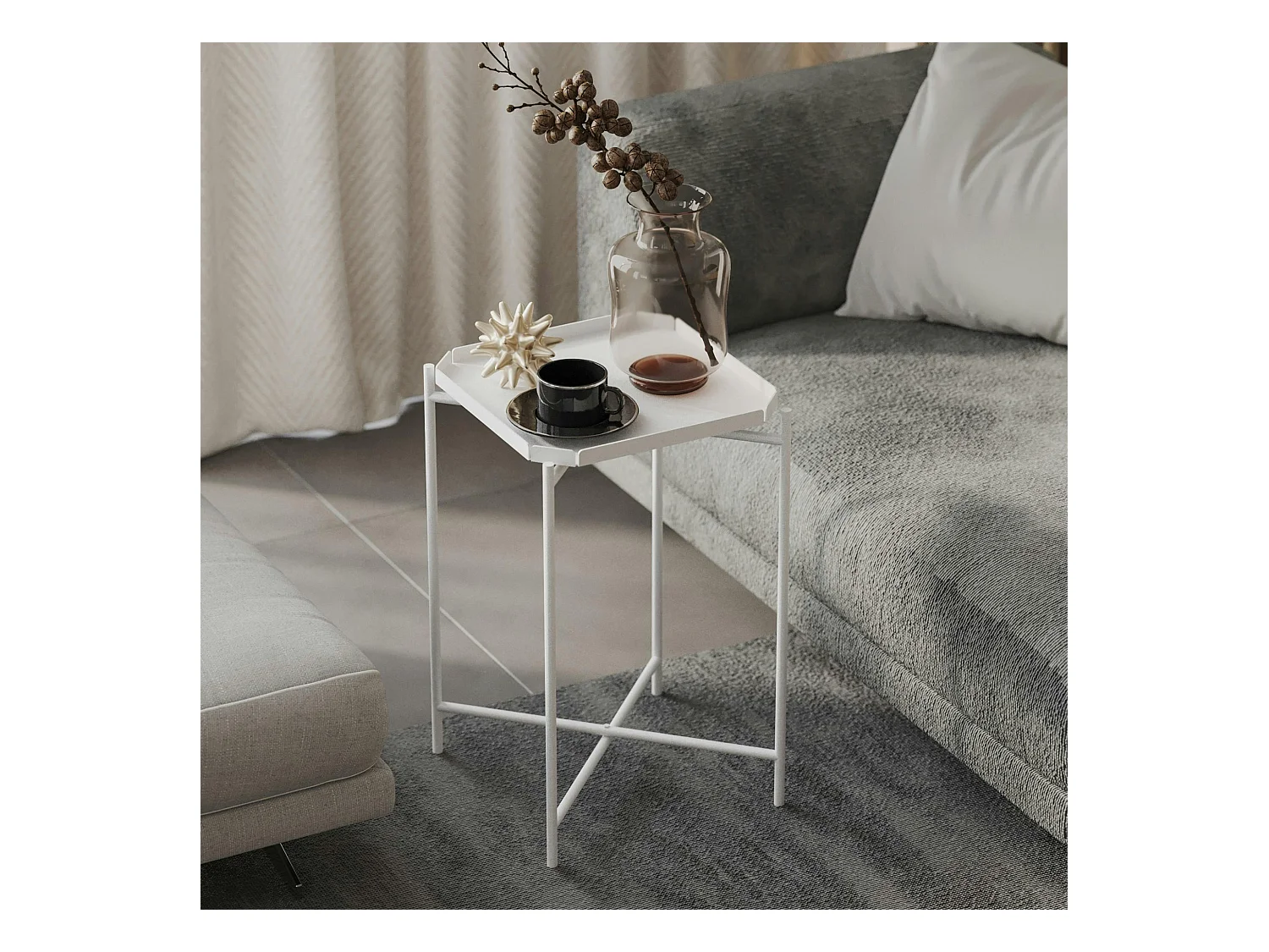 Petite table d’appoint blanche carrée, pieds croisés SFAX
