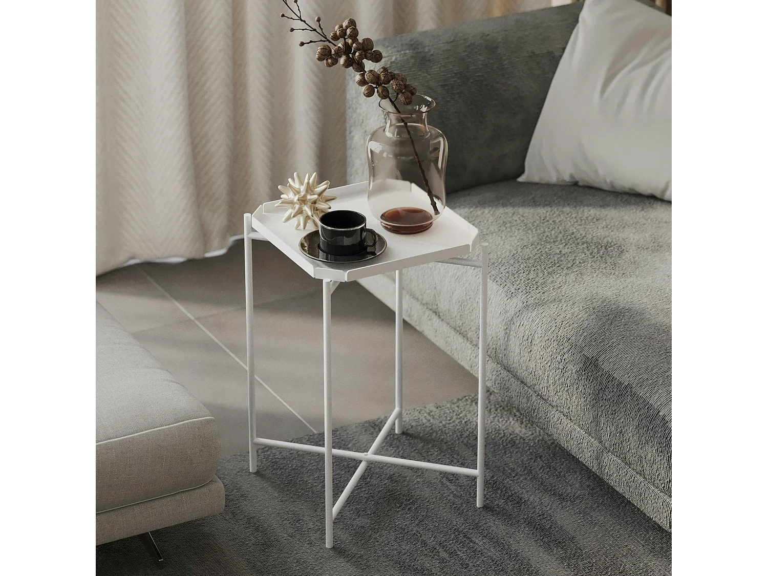 Petite table d’appoint blanche carrée, pieds croisés SFAX