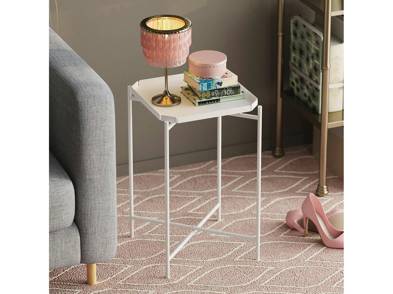 Petite table d’appoint blanche carrée, pieds croisés SFAX