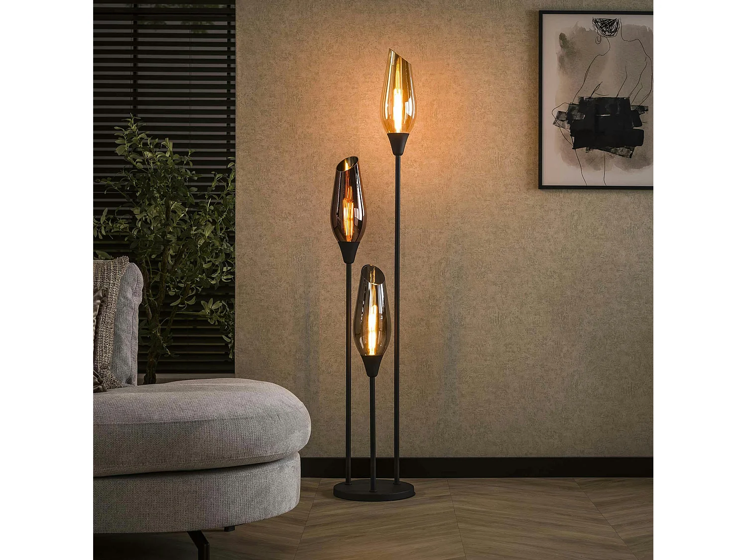 Lampadaire vintage avec abat-jour en verre forme torche NIAGARA