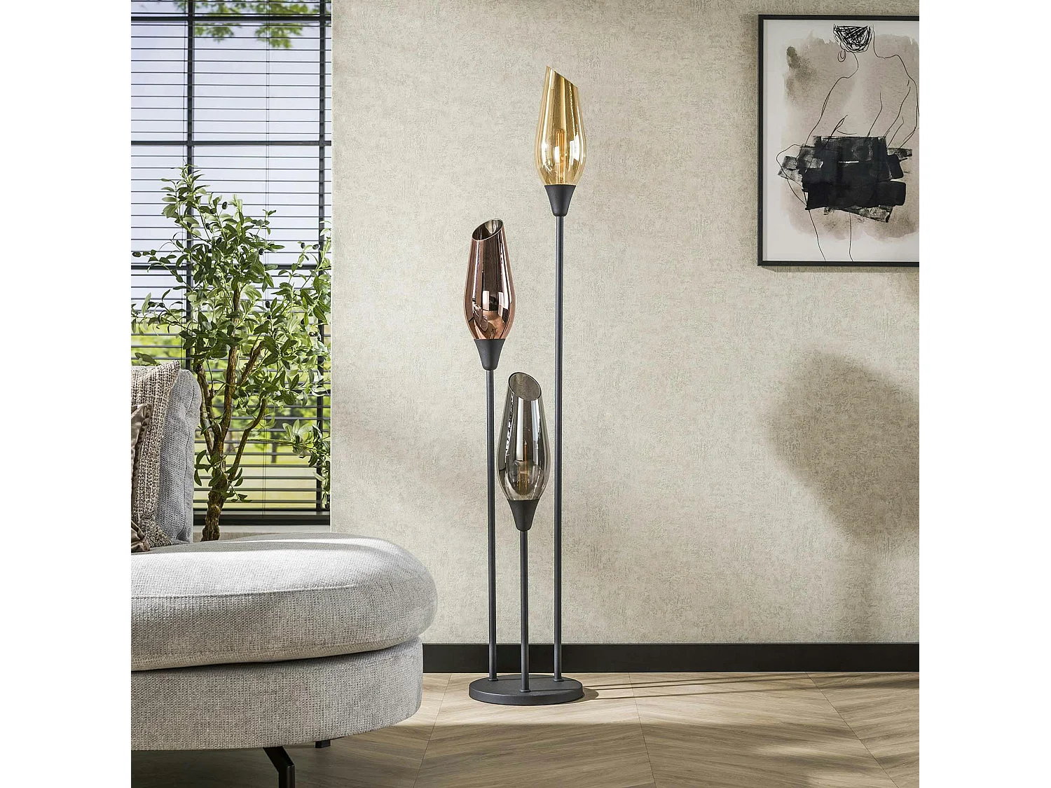 Lampadaire vintage avec abat-jour en verre forme torche NIAGARA