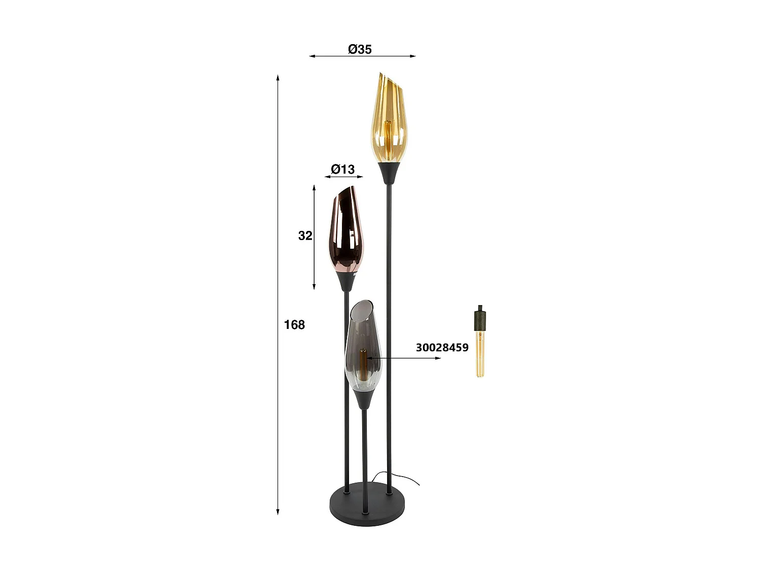 Lampadaire vintage avec abat-jour en verre forme torche NIAGARA